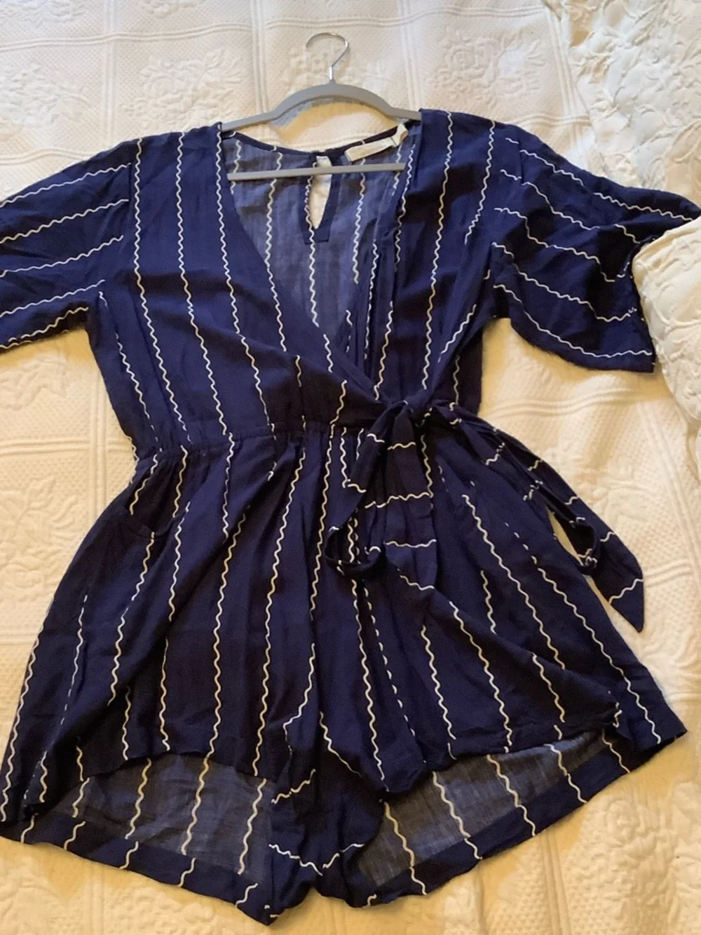 BEACHGOLD Women’s Navy Blue Stripe Wrap Romper Dress - Picture 6 of 6